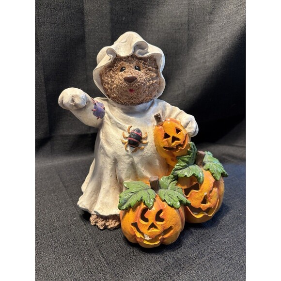 Halloween Light Up Teddy Bear With Pumpkins Vintage 2000 Resin - Picture 1 of 9